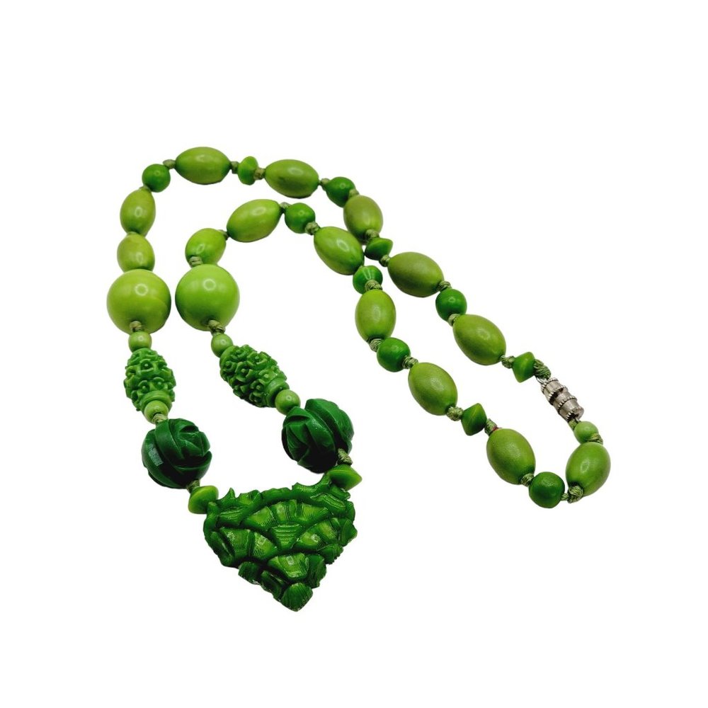 Antique Art Deco Celluloid, Glass & Resin Hand Knotted Necklace (A1258)